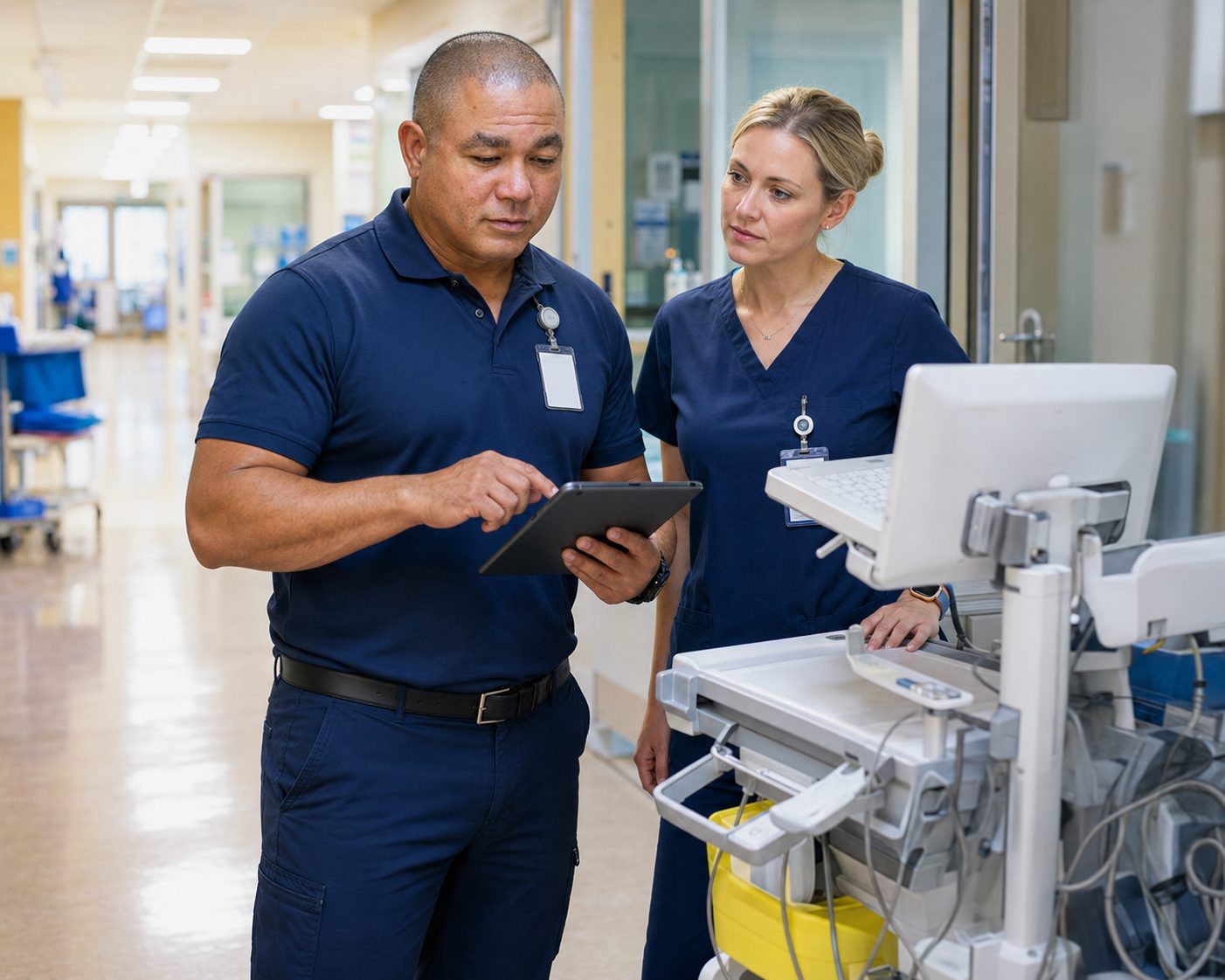 Technician performing biomedical equipment field service